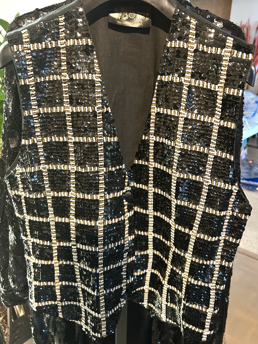 Boutique custom designed Sequin Grid Vest with Rhinestone Trim